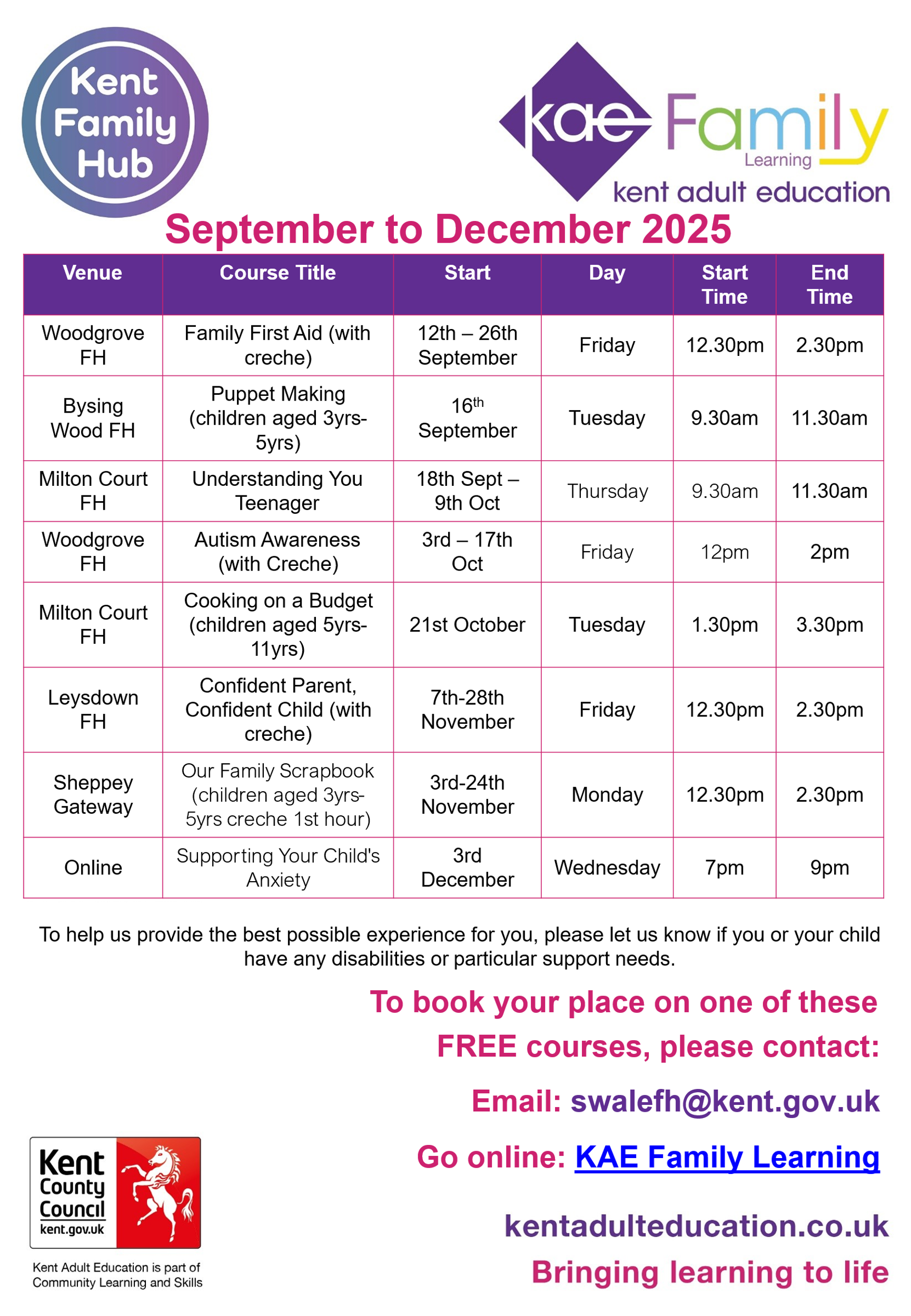 Kent Family Hub – Kent Adult Education – September to December 2025